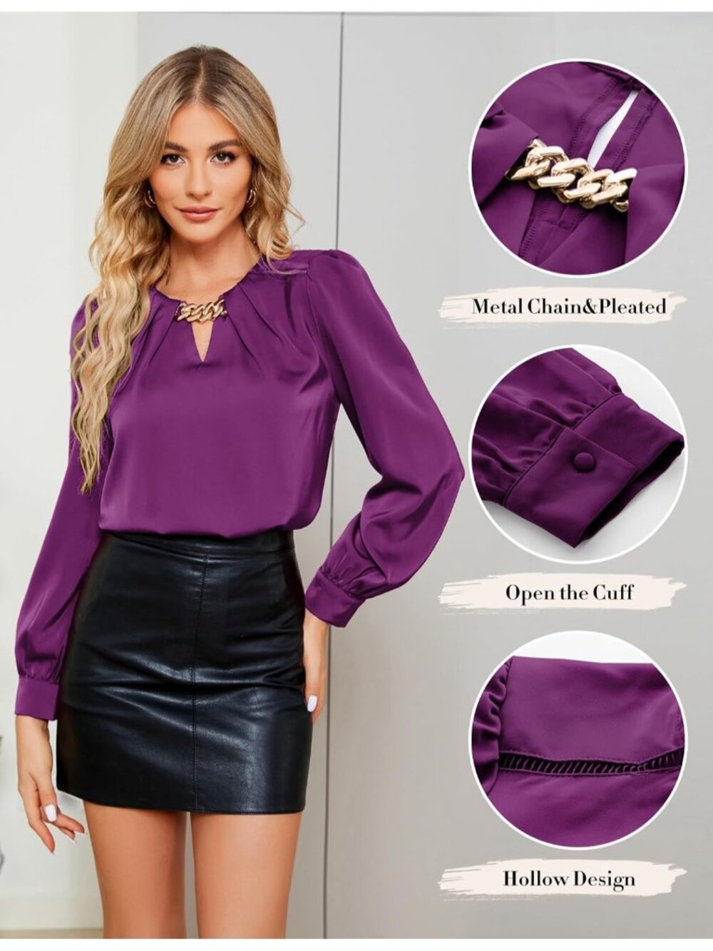 Women's Purple Long Sleeve Silk Satin Blouses Dressy Business Casual Tops - Picture 3 of 6